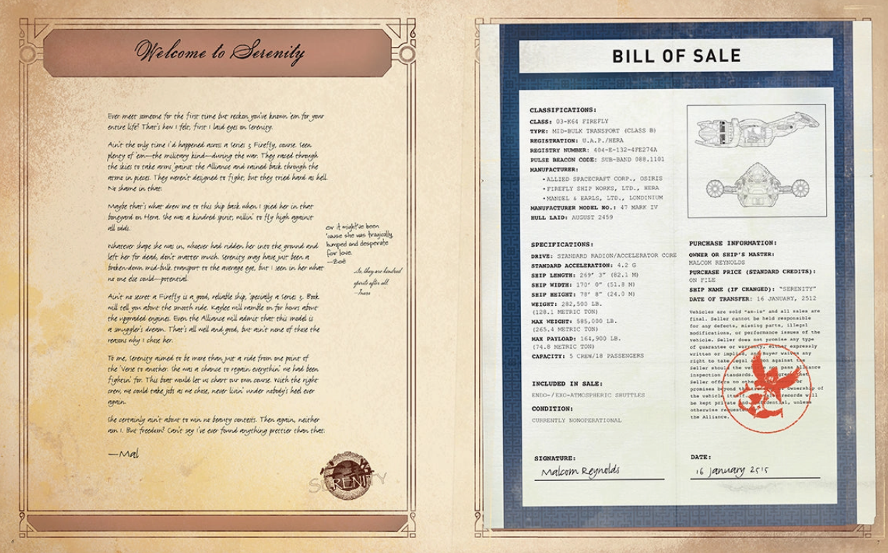 Side-by-side images of two pages from The Serenity Handbook. On the left, the title “Welcome to Serenity” is at the top, with a letter below from Captain Malcolm Reynolds. On the right is a copy of the bill of sale of Serenity, with the ship’s specifications printed on it.
