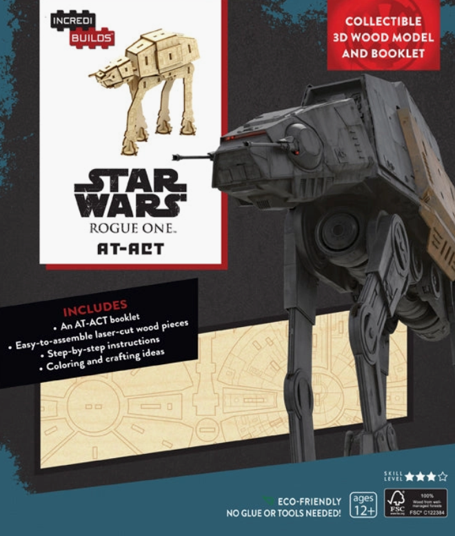 Load image into Gallery viewer, A box depicting an AT-AT Walker from the movie Rogue One: A Star Wars Story, with a wood model version next to it. Below the ship is a wood sheet with the model parts to be assembled.
