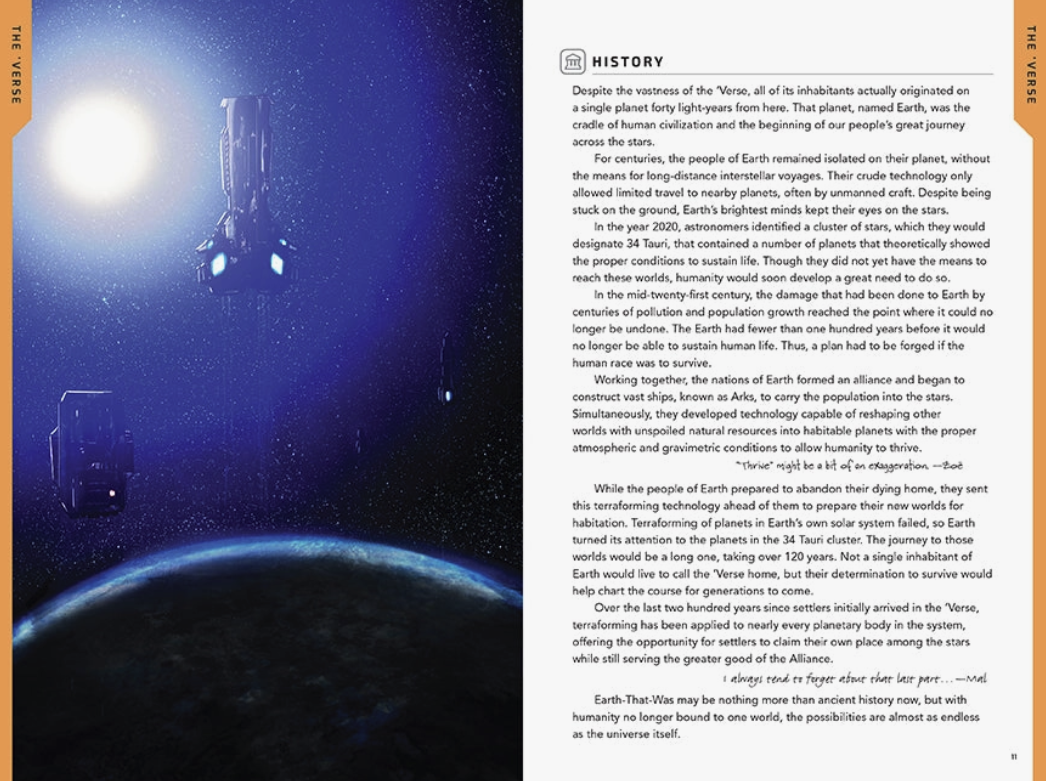 Load image into Gallery viewer, A page from the companion book. On the left are spaceships leaving Earth into space. On the right is a page of history about people Earth That Was for new planets.
