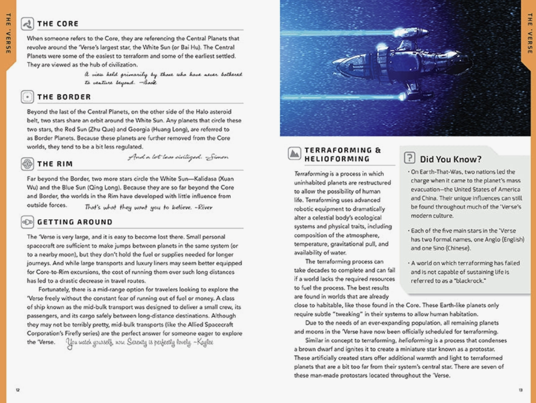 A page from the companion book. Facts about the different regions and planets in the TV series are listed, and at the top right is an image of the spaceship Serenity flying through the nighttime sky, against a field of stars.