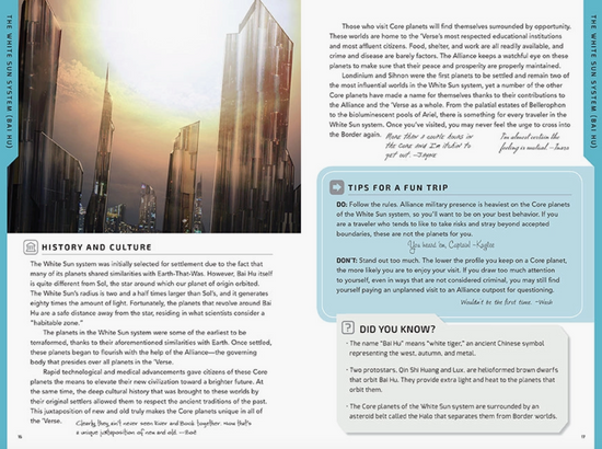 Load image into Gallery viewer, A page from the companion book. An image of futuristic buildings is at the top left, with a description of the history and culture of the star system on the pages.
