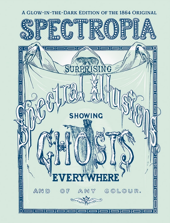 Load image into Gallery viewer, An image of a light blue book cover. At the top in dark blue letters is the title “A glow in the dark edition of the 1864 original: Spectropia.” Below the title is a blue line drawing of a hooded figure holding an opened sheet. On the sheet is a dark blue silhouette of a ghostly figure. Above the figure is text reading “surprising spectral illusions showing ghosts everywhere, and of any color.”
