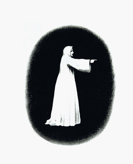 Load image into Gallery viewer, A black oval with a white line drawing of a robed figure pointing to the right.
