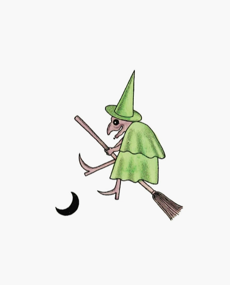 Load image into Gallery viewer, A cartoonish drawing of a witch in green robes riding a broomstick, next to a black crescent moon.
