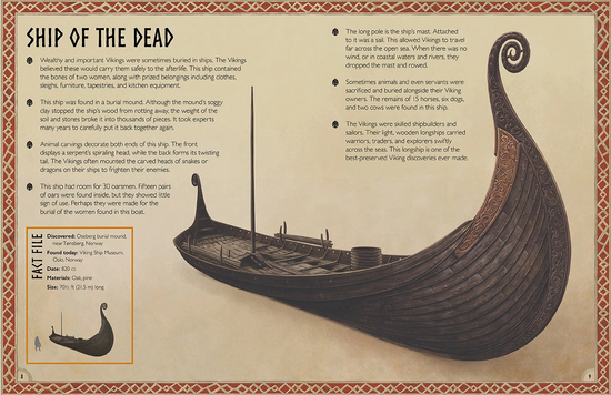 Load image into Gallery viewer, A parchment-colored book page with a red border. On the page in black text is the page title reading “Ship of the dead,” with a description of the ship underneath. On the right side is an image of a Viking ship.
