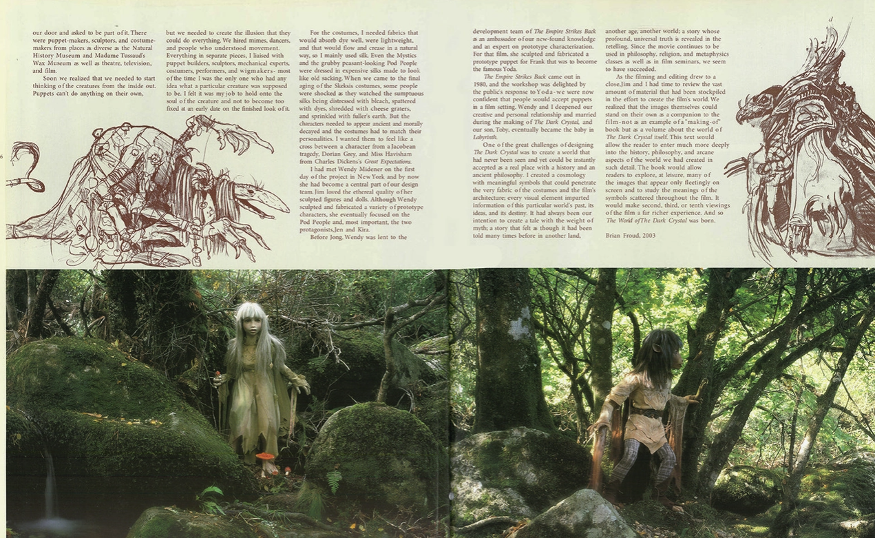 A two-page spread from the book. Along the bottom is a screenshot of the film, showing the two main characters walking through the woods. At the top is text describing the creation of the film, with sketches of other characters along the sides.