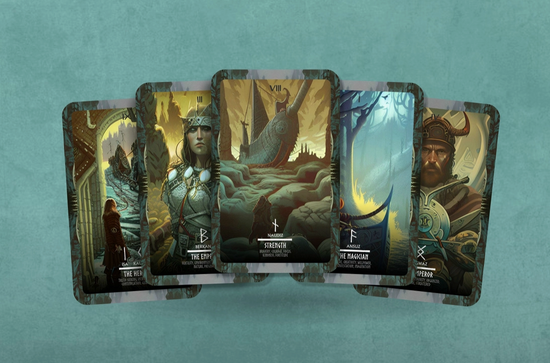 Five rectangular cards on a teal background. Each card displays a drawing of a Viking. On each card is a Nordic Rune, with the name and description of the Rune beneath it.