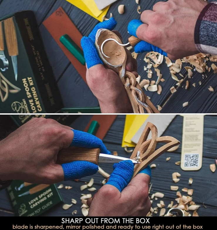 Load image into Gallery viewer, Two stacked images of hands carving the spoon with carving tools, above a wood table. The other pieces and tools from the kit are strewn about the table.

