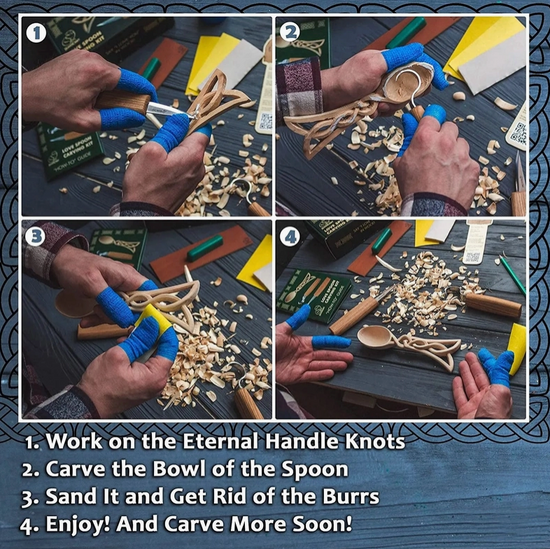 Load image into Gallery viewer, A four-part image showing steps from the carving process, with instructions underneath for each step.
