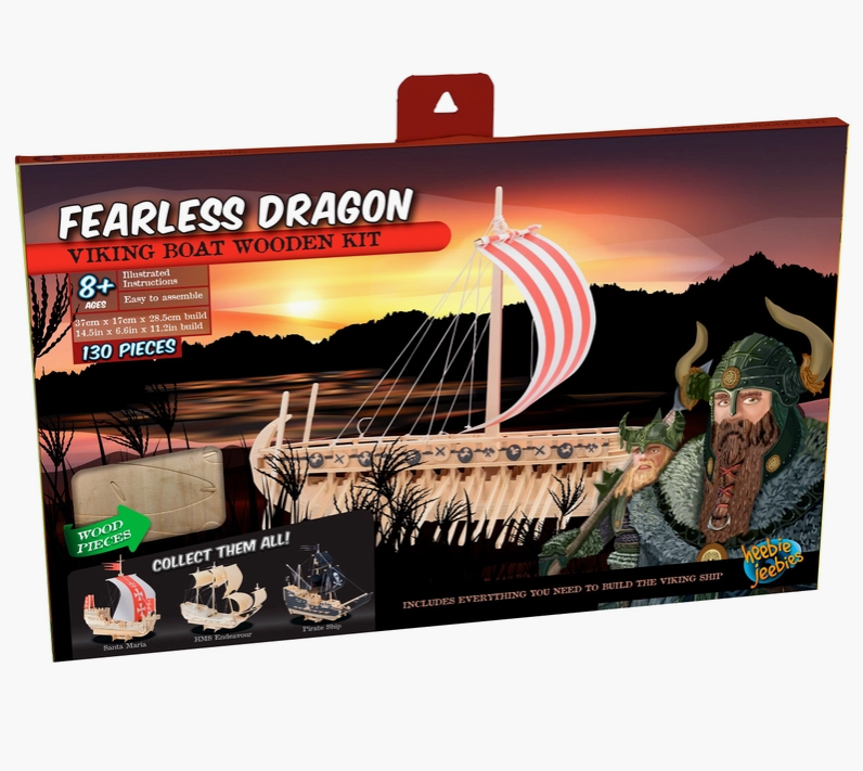 Load image into Gallery viewer, An image of a model kit box, set against a white background. On the front of the box is a drawing of two Vikings in armor. An image of a miniature Viking ship with a red and white sail sits against a lake at sunset. At the top in white text is &amp;quot;Fearless dragon.&amp;quot; Underneath is a red strip with black text saying &amp;quot;viking boat wooden kit.&amp;quot;
