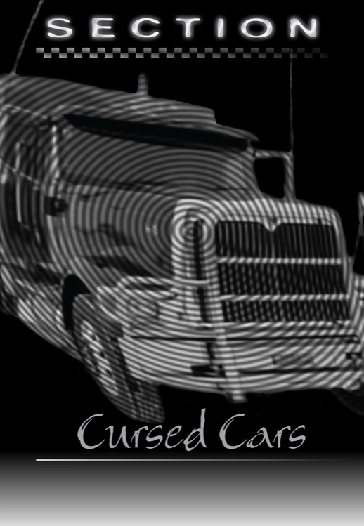 Load image into Gallery viewer, A page from the book entitled &amp;quot;Cursed Cars.&amp;quot; A blurred image of a truck is in the background, partially covered by grey concentric circles.
