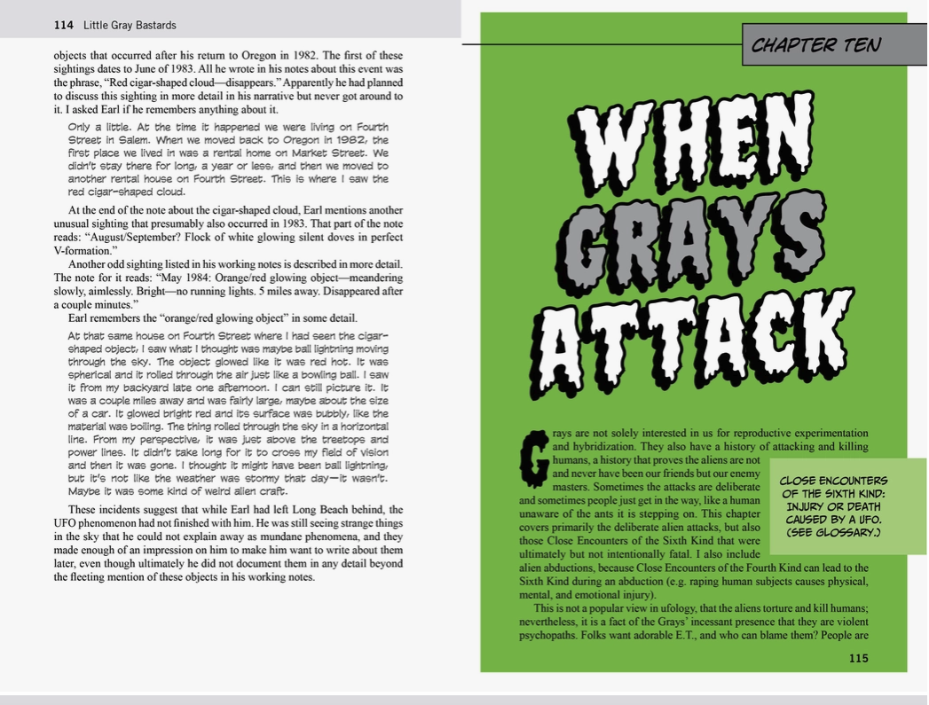 Load image into Gallery viewer, A two-page spread from the book. On the right is white and gray text on a green background saying &amp;quot;when grays attack.&amp;quot; The pages describe the history of gray attacks.
