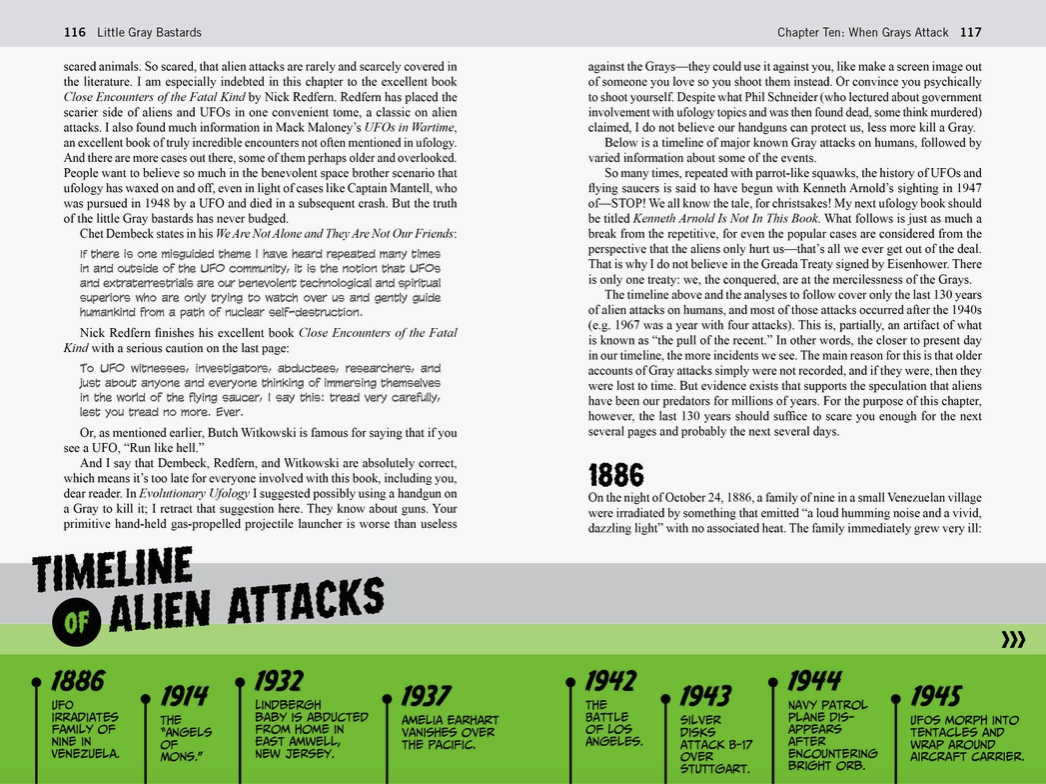 Load image into Gallery viewer, A two-page spread from the book, describing the timeline of alien attacks. At the bottom is a green bar, with the timeline in black text.
