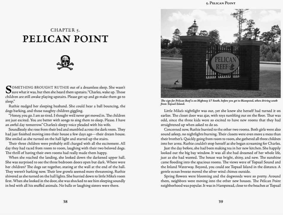 Load image into Gallery viewer, A two-page spread from the book, discussing a story set at Pelican Point. At the top tight is a black and white image of a brick gate, with a sign saying &amp;quot;pelican point&amp;quot; on the bars.
