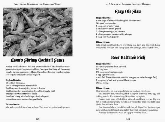 A two-page spread from the book, with recipes for beer battered fish, cole slaw, and cocktail sauce. At the top left is a black and white image of a pile of shrimp.
