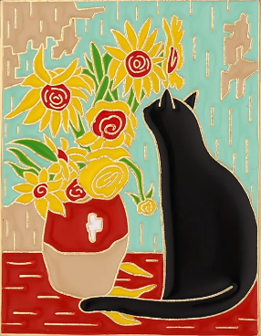 Close up view of an enamel pin against a white background. The pin depicts a red vase filled with yellow sunflowers, sitting on a red table. A black cat is next to the vase, sniffing the flowers. 