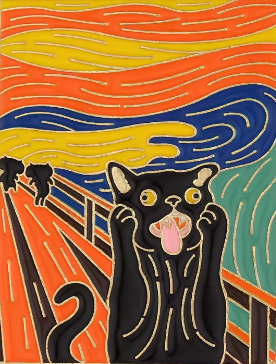 Close up view of an enamel pin against a white background. The pin depicts Munch's "The Scream" painting. The subject of that painting has been replaced by a screaming black cat.