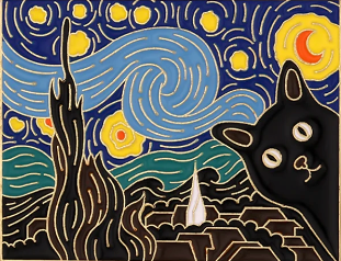 Close up view of an enamel pin against a white background. The pin depicts Van Gogh's classic "Starry Night" painting. In the bottom right corner is the face of a black cat, photobombing the image.