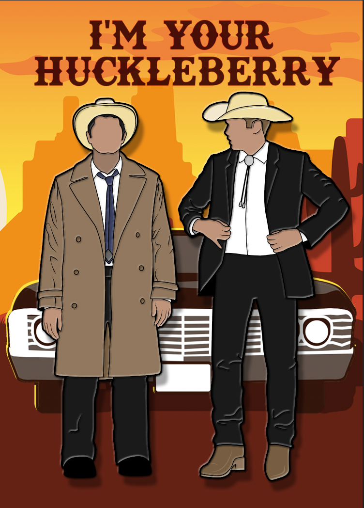 A pair of enamel pins depicting Dean Winchester and Castiel dressed in western outfits, attached to a card backing featuring Baby against a Texas sky. Brown text at the top says I'm Your Huckleberry. 