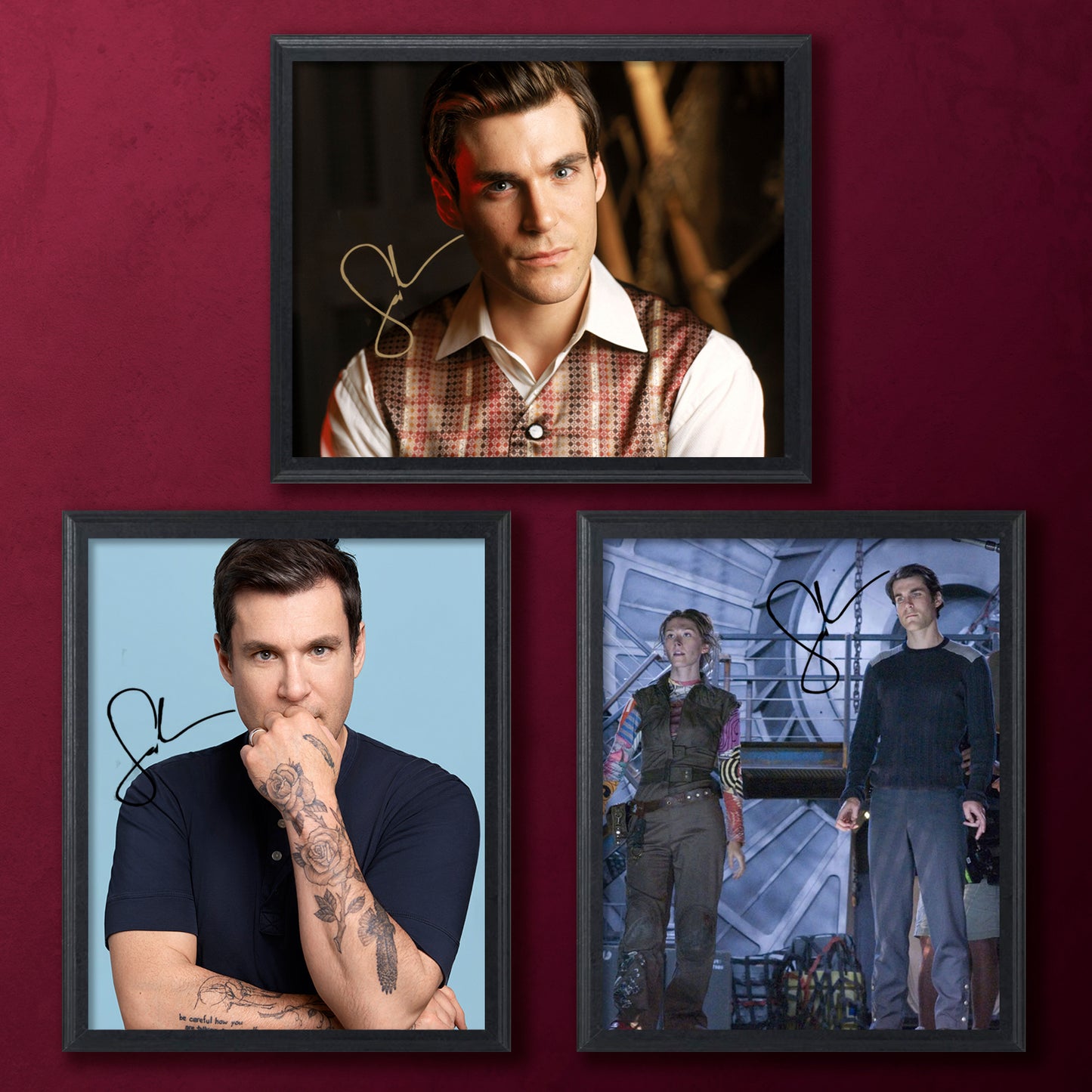 Three framed pictures of actor Sean Maher on a maroon wall.