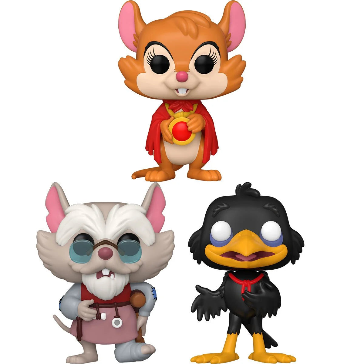 Three Funko Pop! figures depicting Jeremy, Mr. Ages, and Mrs. Brisby, from the cartoon "The secret of NIMH."