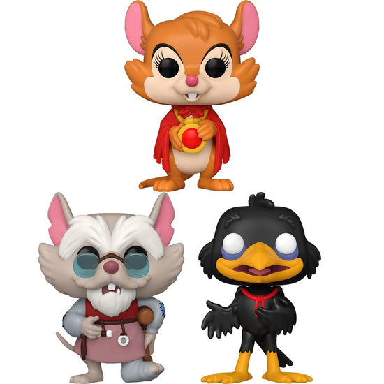 Three Funko Pop! figures depicting Jeremy, Mr. Ages, and Mrs. Brisby, from the cartoon "The secret of NIMH."