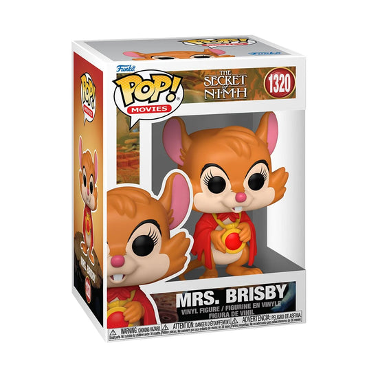 A cardboard box with a transparent front, containing a bobblehead figure depicting the character Mrs. Brisby from "The secret of NIMH."