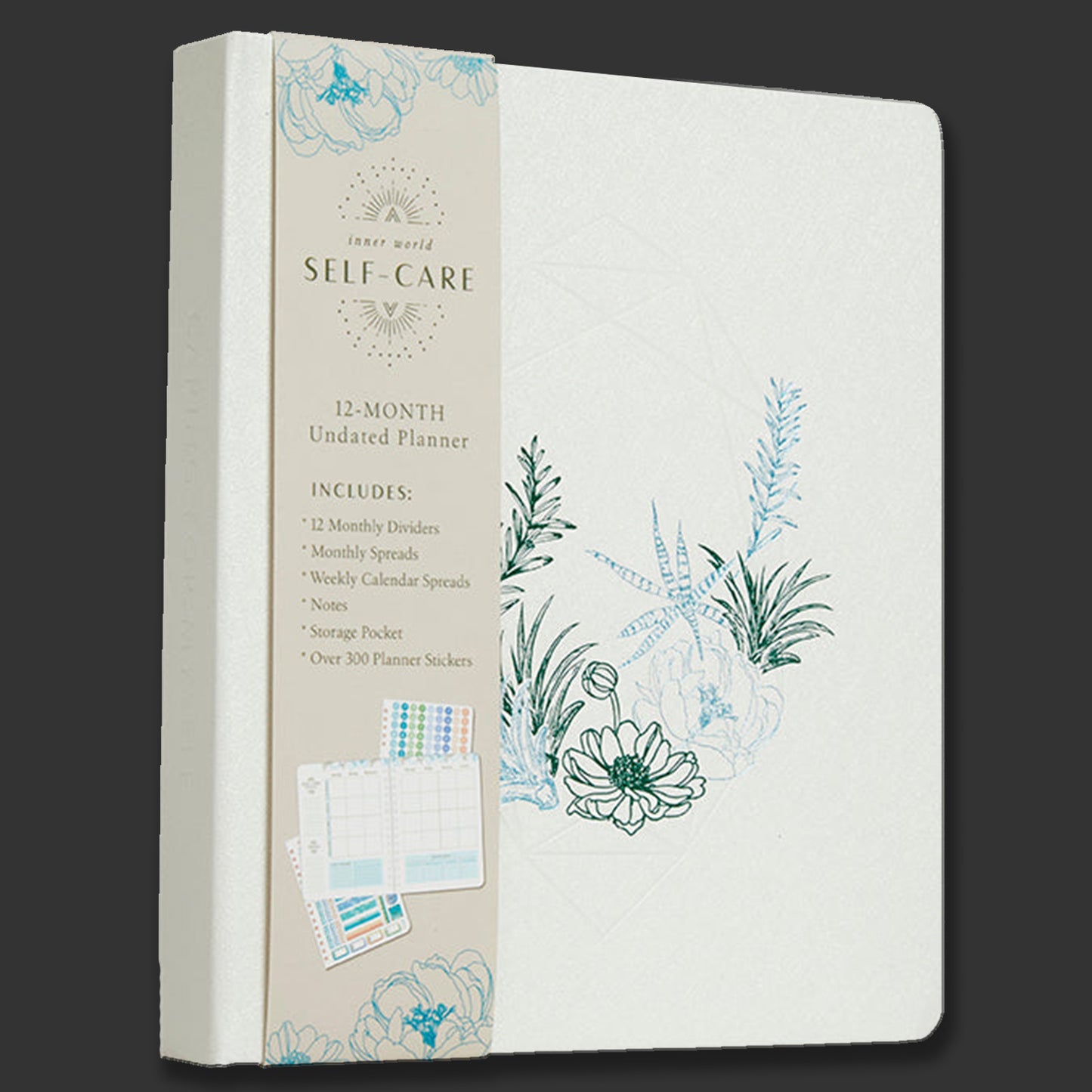 Planner with floral design on cover and spine, on a black background