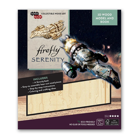 A box depicting the spaceship Serenity, with a wood model version next to it. Below the ship is a wood sheet with the model parts to be assembled. In the background is a field of stars.
