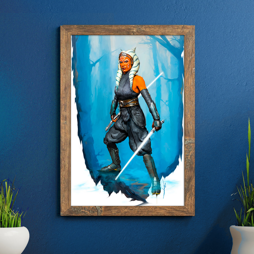 A poster of the Star Wars character Ahsoka, wielding her two lightsabers, standing in a blue forest. The poster has a wood frame, and hangs on a blue wall above two potted plants.