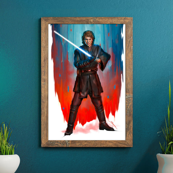 A poster of Anakin Skywalker, wielding a blue lightsaber, against a blue and red background. The poster has a wood frame, and hangs on a blue wall above two potted plants.