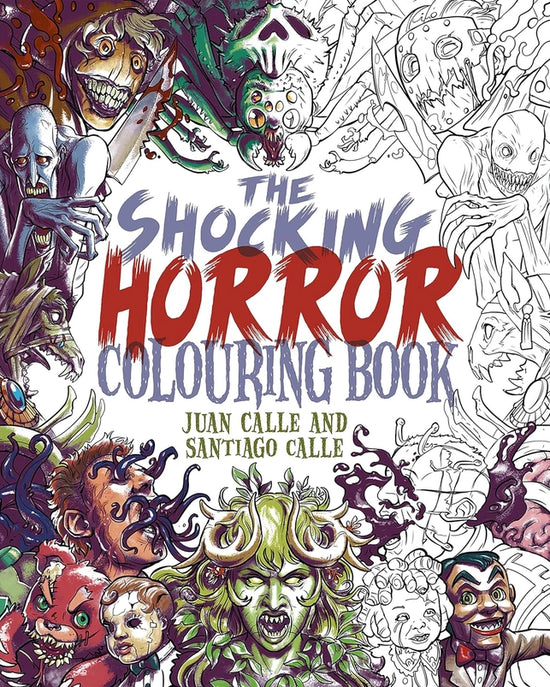 A coloring book featuring a collection of horror themed drawings. Red and blue text says the shocking horror colouring book.