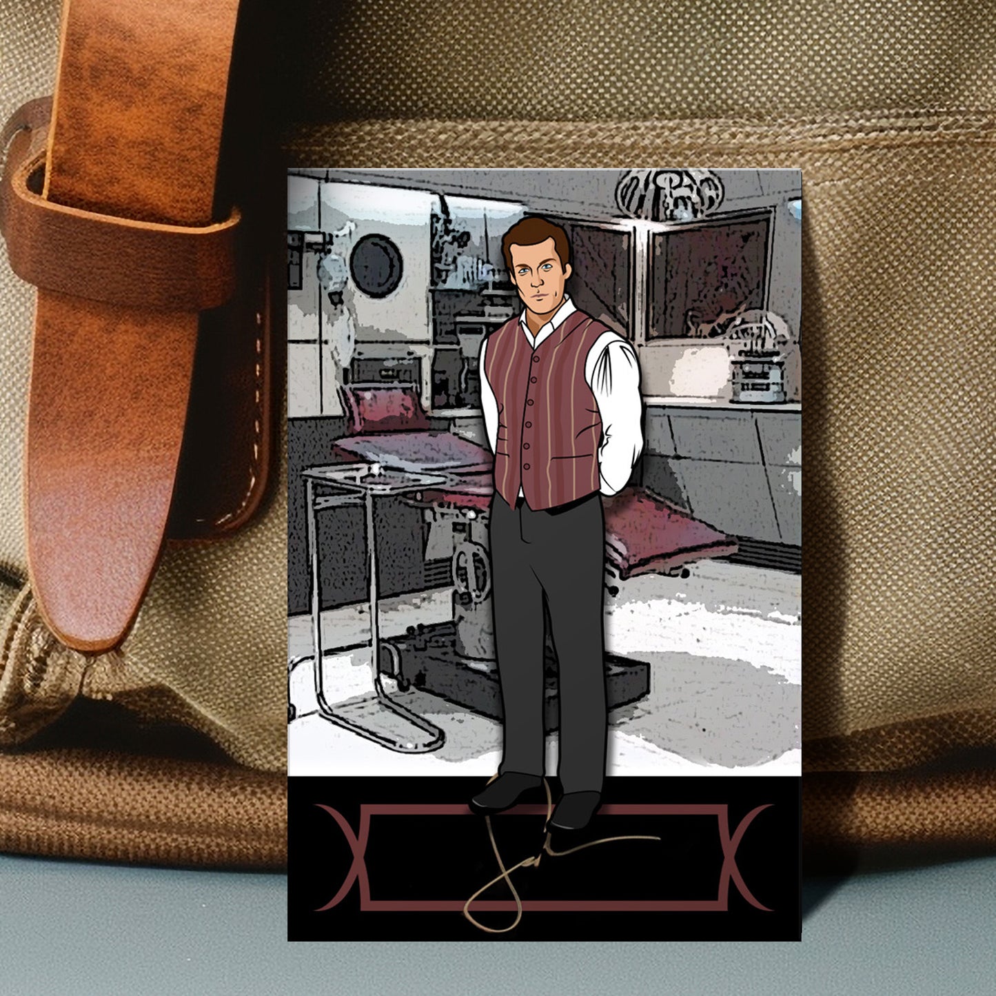 Enamel pin depicting Simon Tam from Firefly, in the medical bay. The pin is against a canvas bag
