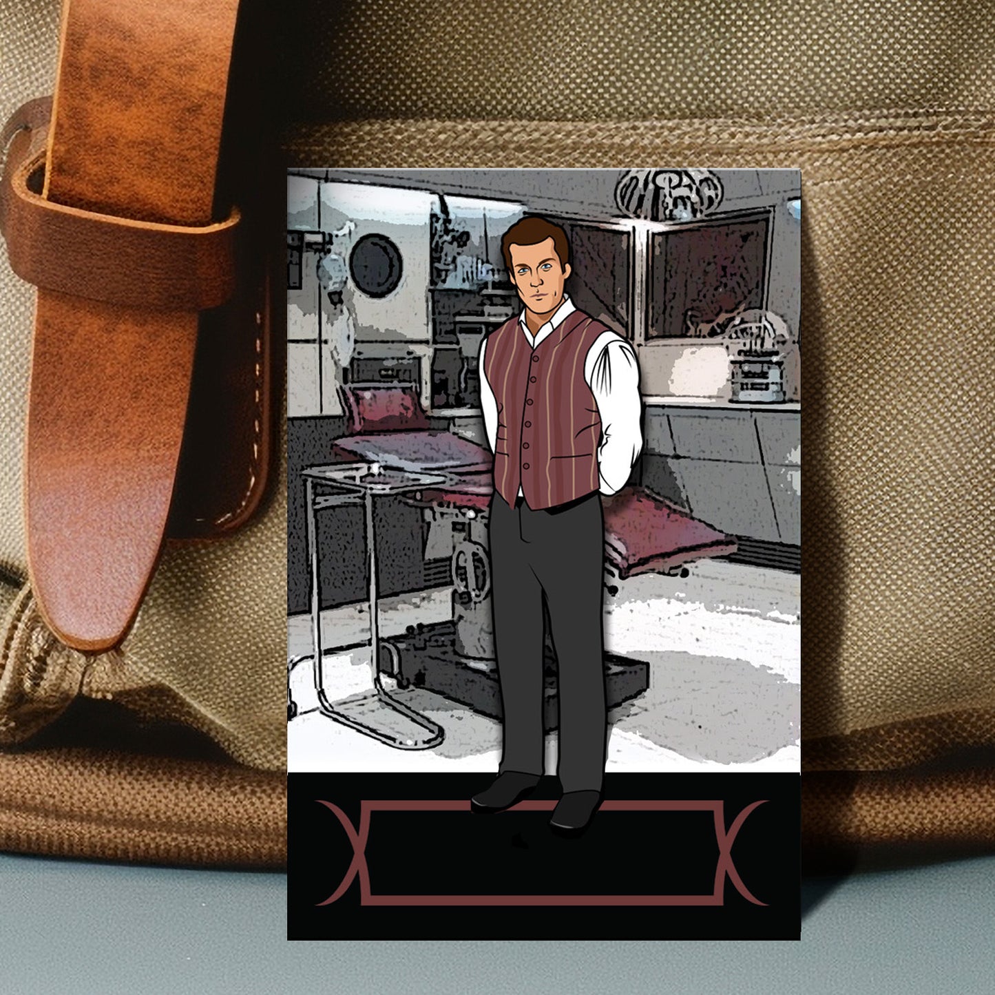 Enamel pin depicting Simon Tam from Firefly, in the medical bay. The pin is against a canvas bag
