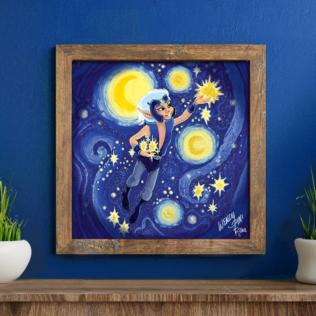 Framed artwork of the ElfQuest character Skywise holding stars against a starry night sky on a blue wall.