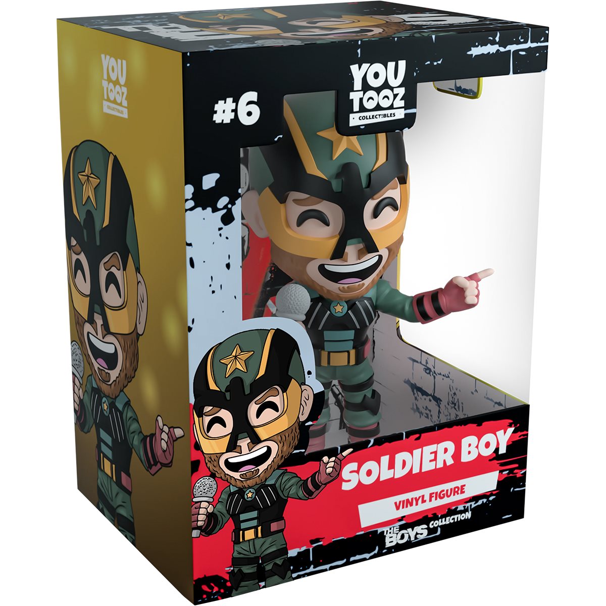 A cardboard box with a transparent front, containing a vinyl figure depicting the character Soldier Boy singing into a microphone.