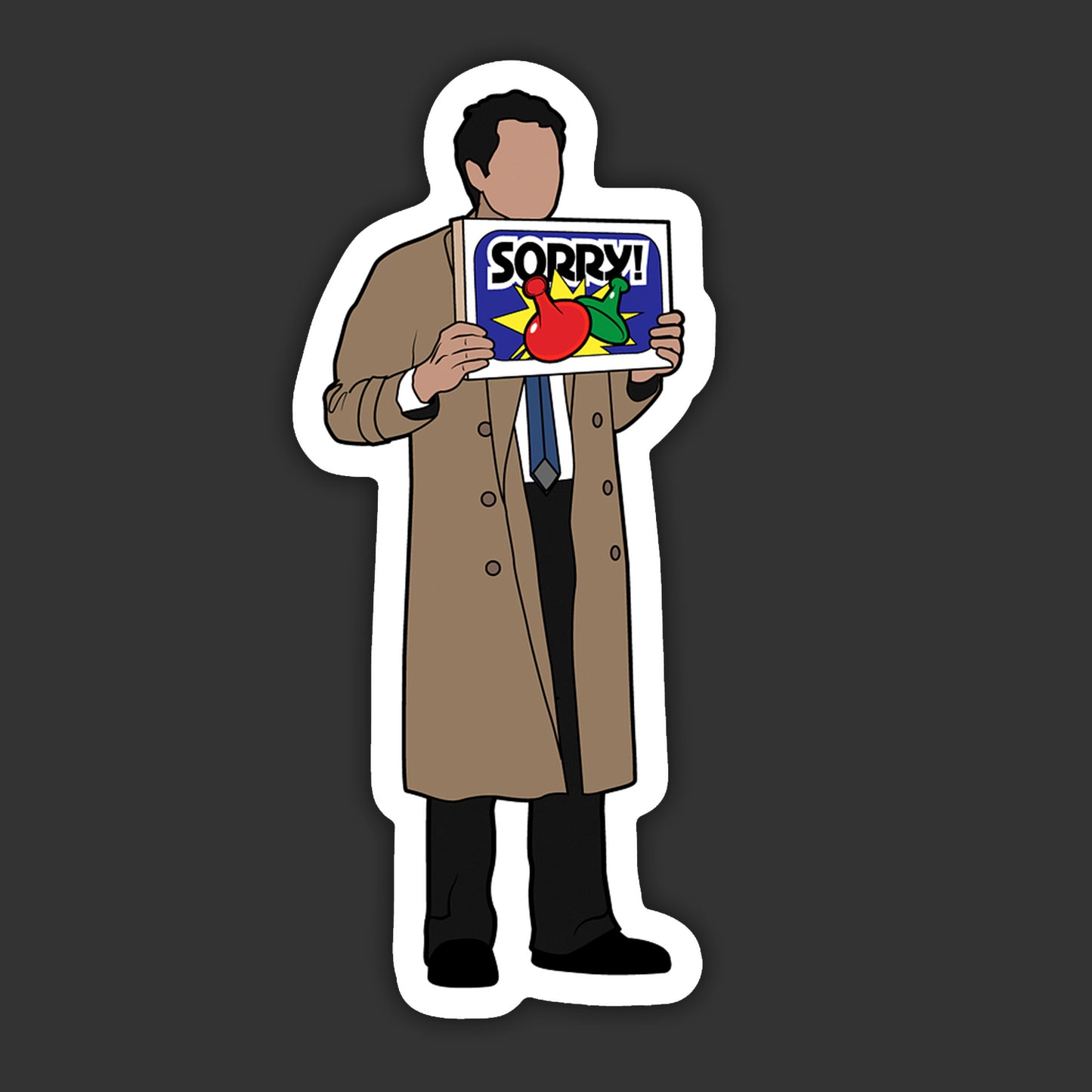 Sticker of a person in a trench coat holding a 'Sorry!' sign with colorful design on a dark background