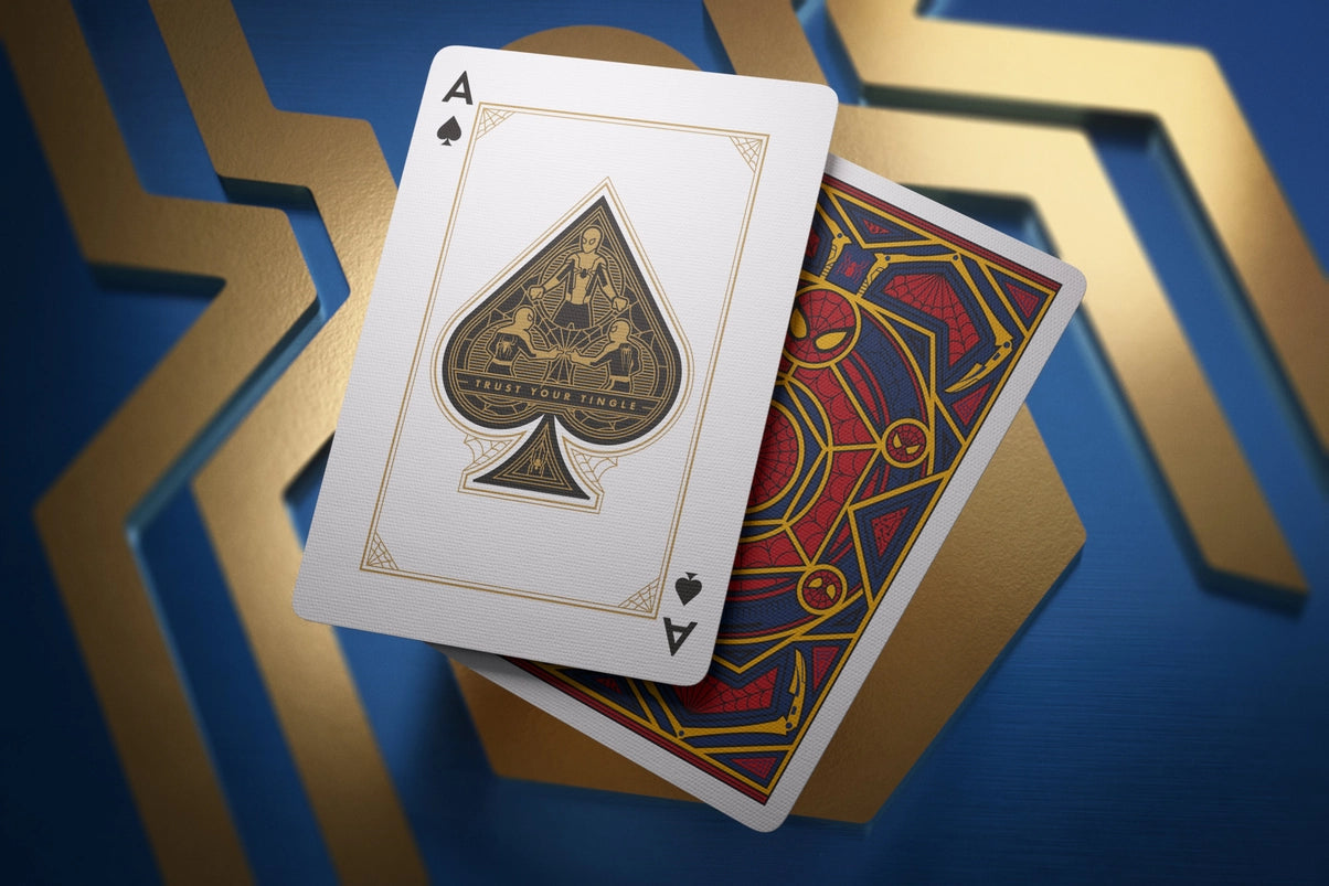 An Ace of Spaced playing card. In the center is a depiction of three Spider-Man characters pointing at each other.