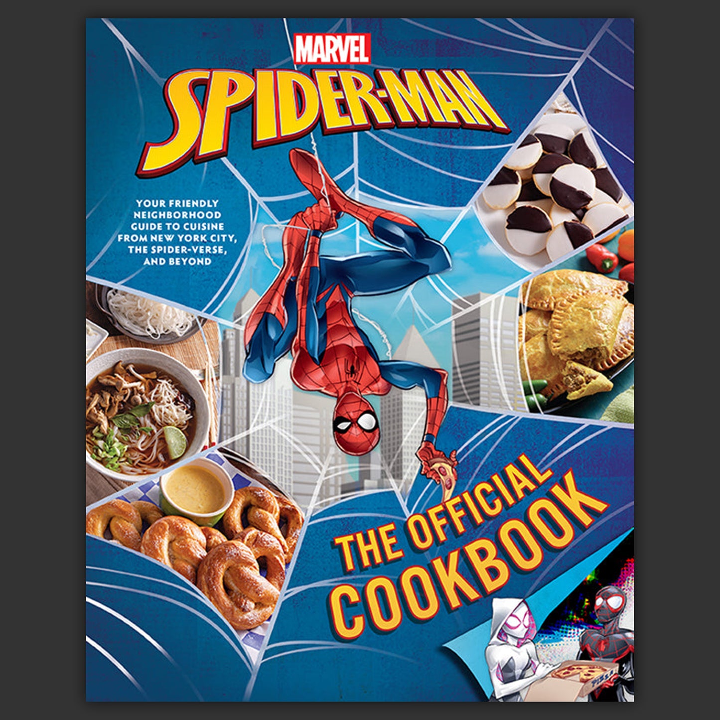 Spider-Man cookbook cover with Spider-Man character and food images on a blue background