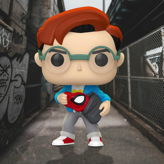 A bobblehead figure depicting Peter Parker pulling his Spider-Man costume out of his backpack. He is standing in a back alley
