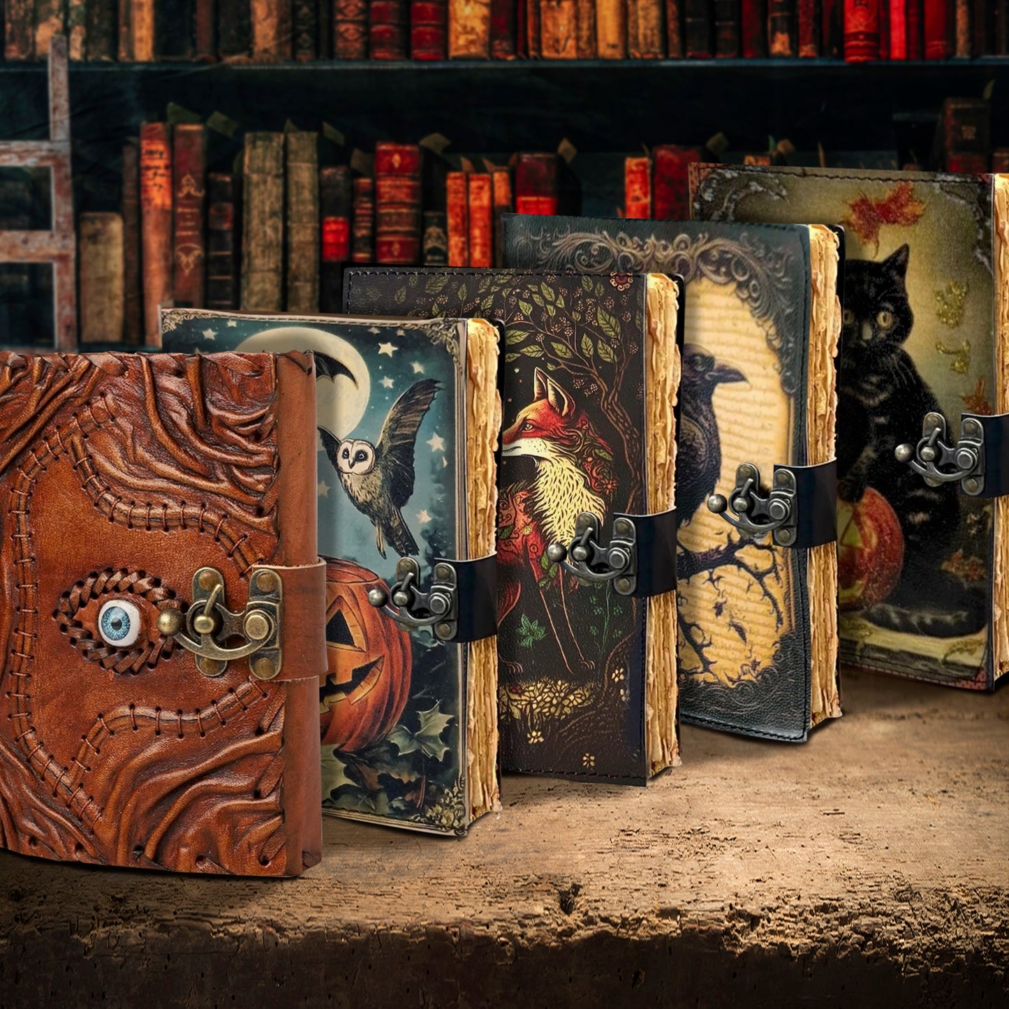 Five leather-bound journals standing in a line on a stone table. Each has a spooky theme depicted on its cover. In the background are shelves with old books.