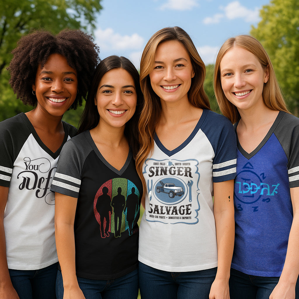 Four female models side by side, each wearing a v-neck shirt with Supernatural-themed designs on the fronts.