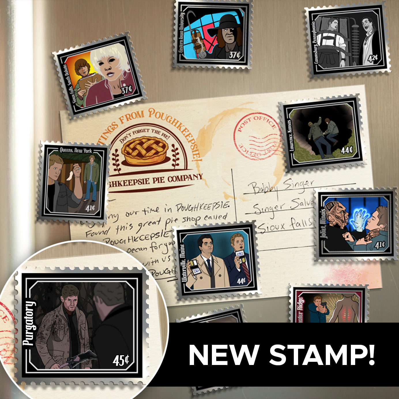 A collage of illustrated postage-style stamps with character art and postmark elements arranged over a vintage letter, plus a circular inset showing one stamp design and large text reading 'NEW STAMP!' on a black bar.