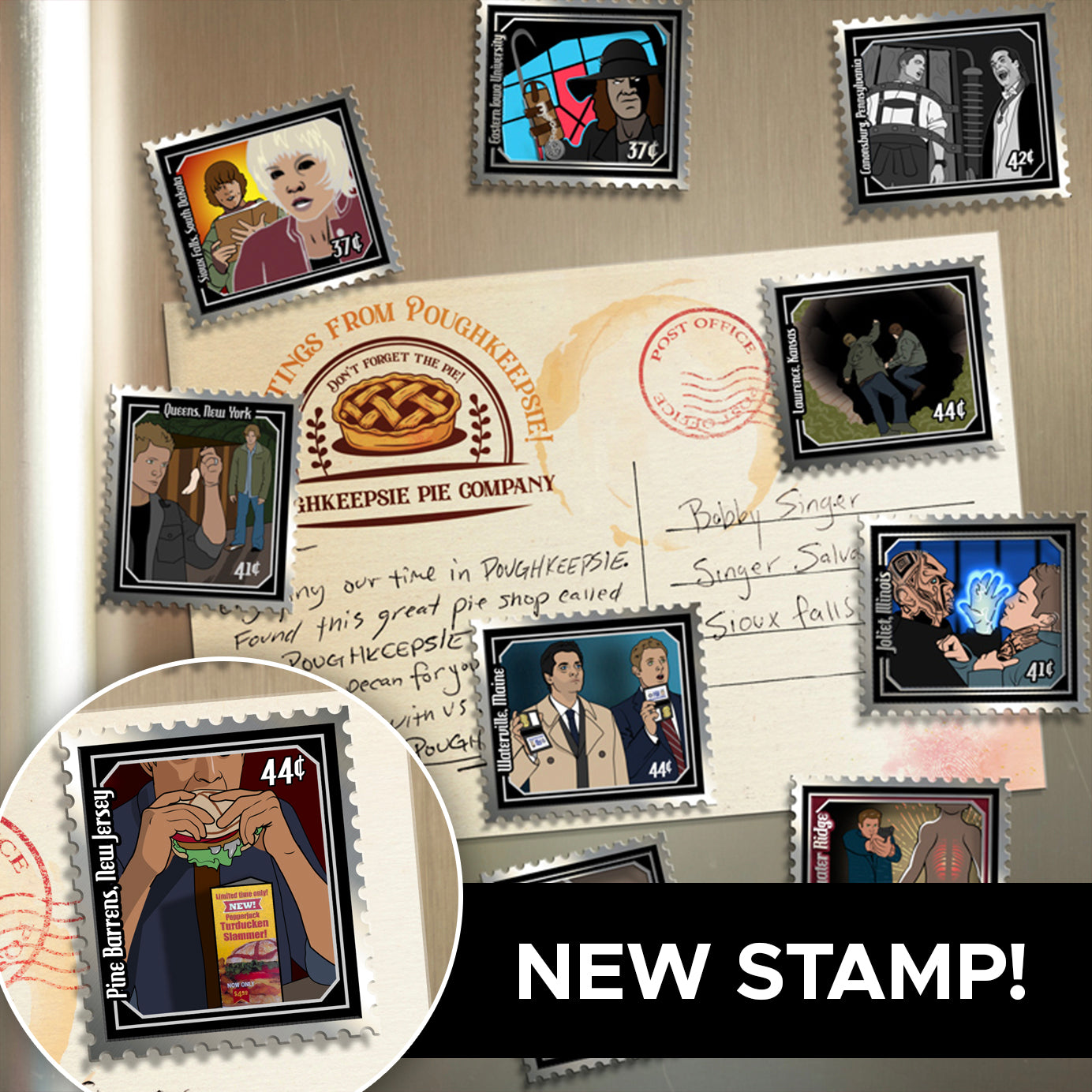 A collage of illustrated postage-style stamps with character art and postmark elements arranged over a vintage letter, plus a circular inset showing one stamp design and large text reading 'NEW STAMP!' on a black bar.