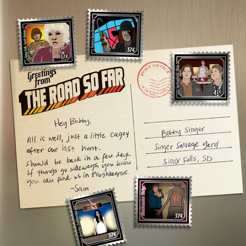 An image of a postcard written to Bobby Singer from Sam Winchester. At the top left of the postcard is text saying "Greetings from the road so far." Surround the postcard are stamps depicting various creepy characters from Supernatural.