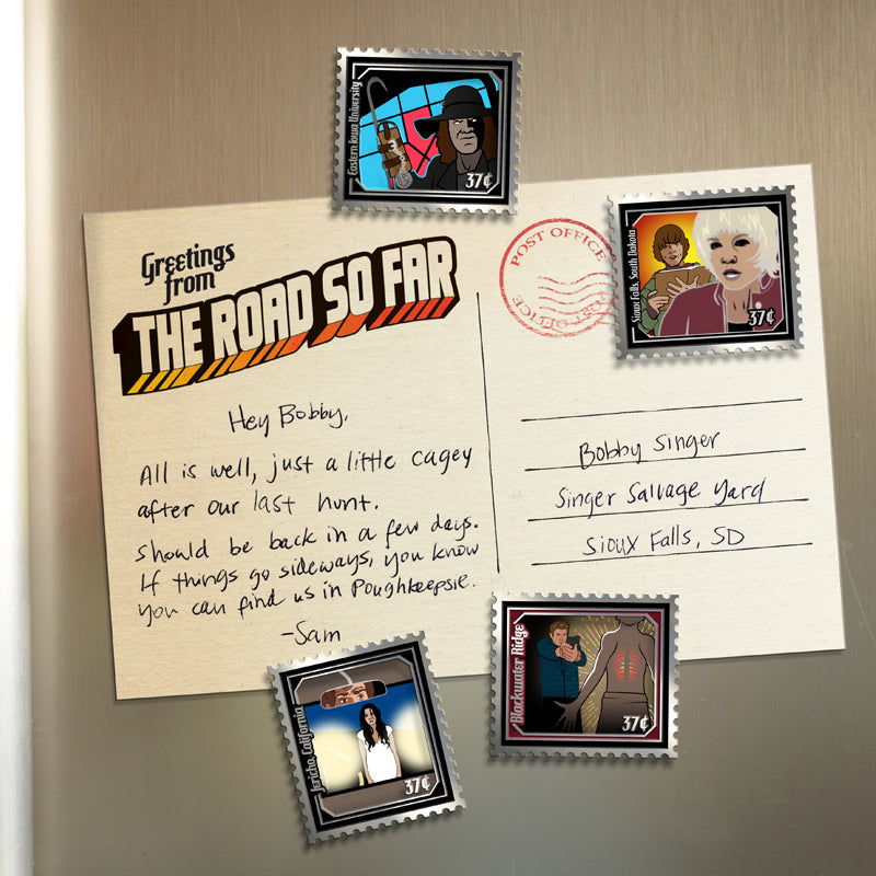 An image of a postcard written to Bobby Singer from Sam Winchester. At the top left of the postcard is text saying "Greetings from the road so far." Surround the postcard are stamps depicting various creepy characters from Supernatural.
