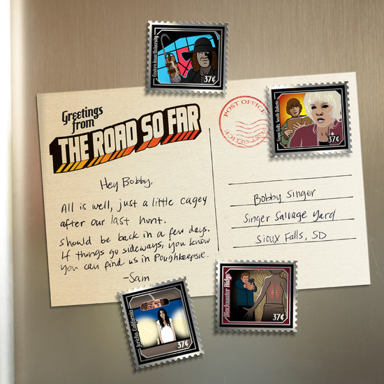 An image of a postcard written to Bobby Singer from Sam Winchester. At the top left of the postcard is text saying "Greetings from the road so far." Surround the postcard are stamps depicting various creepy characters from Supernatural.