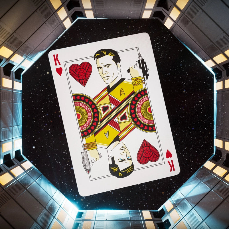 A King of Hears playing card. The king has been replaced by two versions of Captain Kirk.