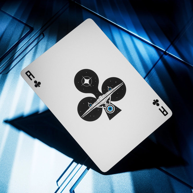 An Ace of Clubs playing card. In the center is a depiction of the starship Enterprise.