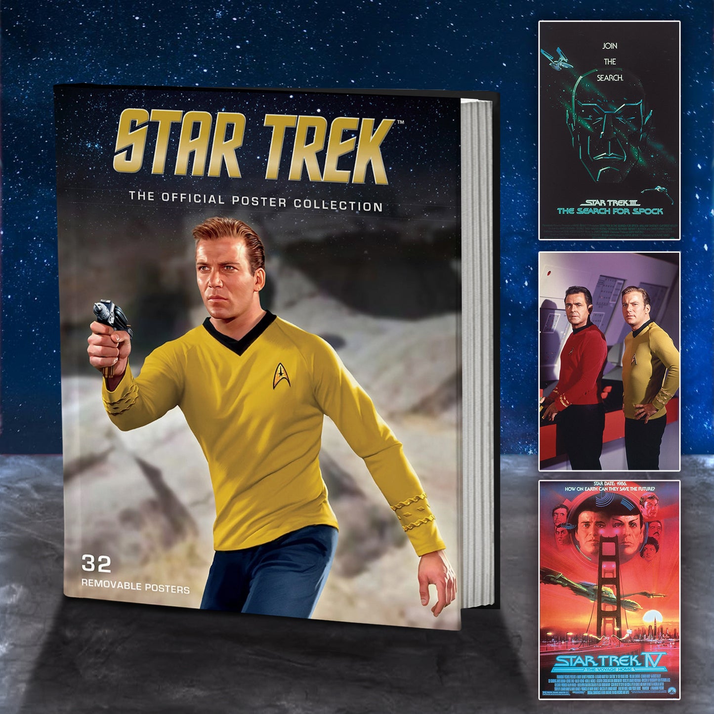 A book on  rock ledge, against the nighttime sky. On the cover is an image of Captain James T. Kirk from the original Star Trek series, in his gold command shirt and pointing a phaser. Behind him is a rock formation. At the top is a starry sky, with gold text saying "Star Trek: The official poster collection." On the right are thumbnail images of three other posters from the collection.